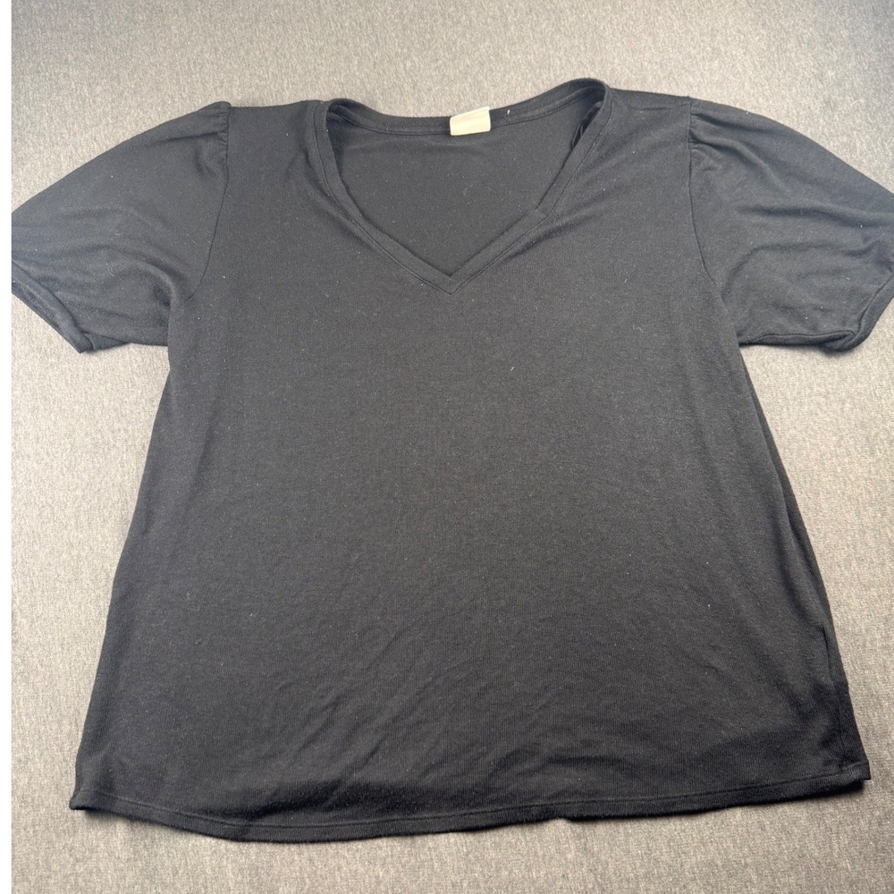 Mod Ref Womens‎ XL Black V-Neck Puff Short Sleeve Knit Top Blouse 1438